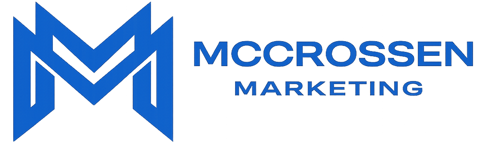 2026 McCrossen Marketing Geometric Letter M Logo Blue Landscape Transparent