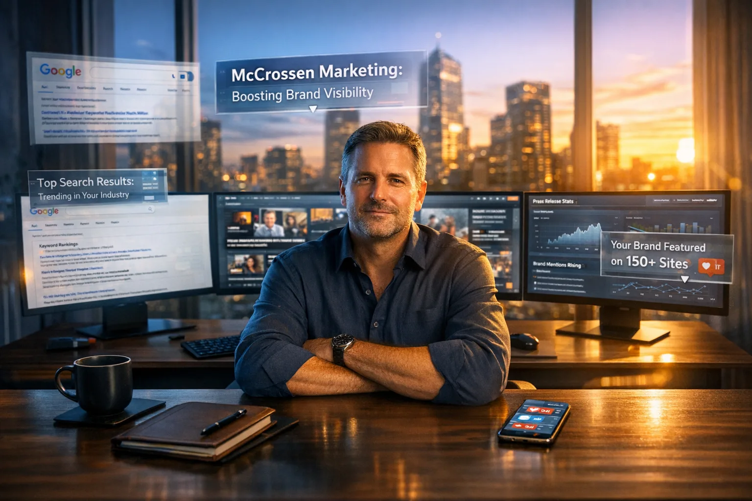 A photorealistic wide-angle hero image of a confident small business owner seated at a minimalist walnut-and-matte-black desk