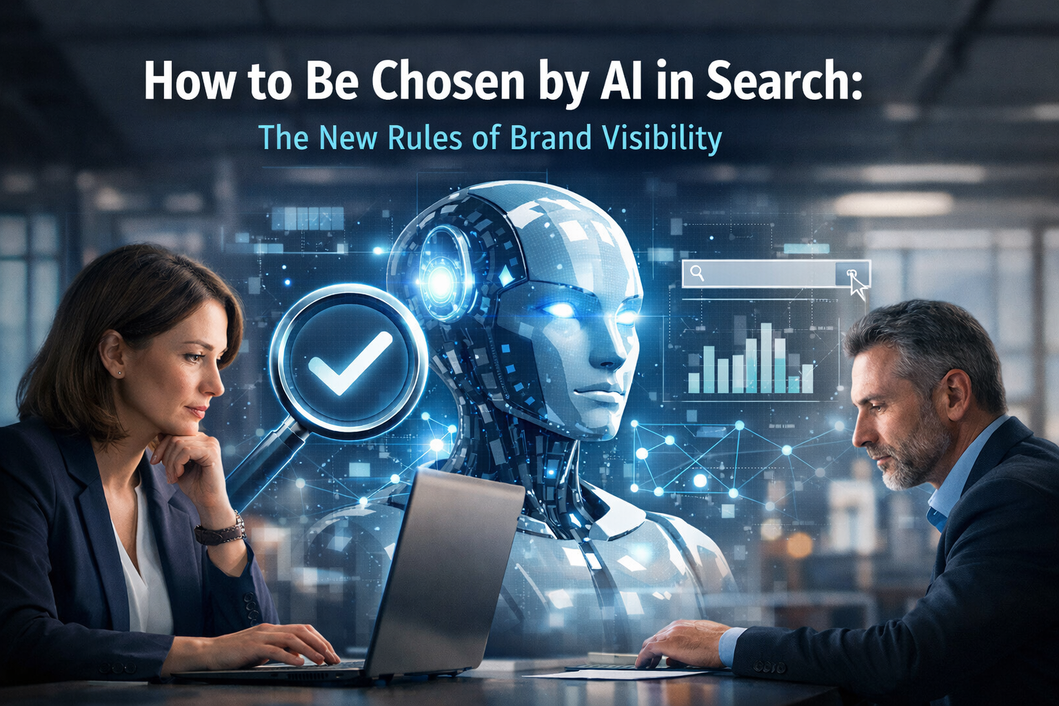 Hero image for web page: How to Be Chosen by AI in Search: The New Rules of Brand Visibility. Professional business photogra