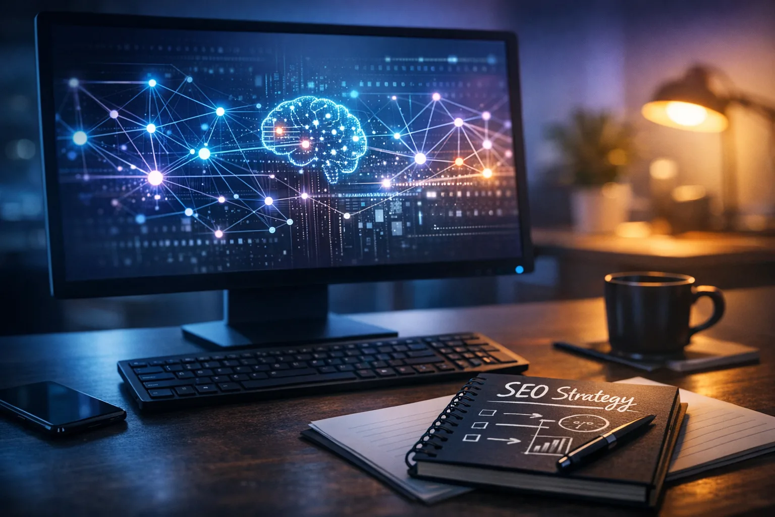 Professional digital marketing concept photograph: A sophisticated workspace featuring a modern computer monitor displaying i