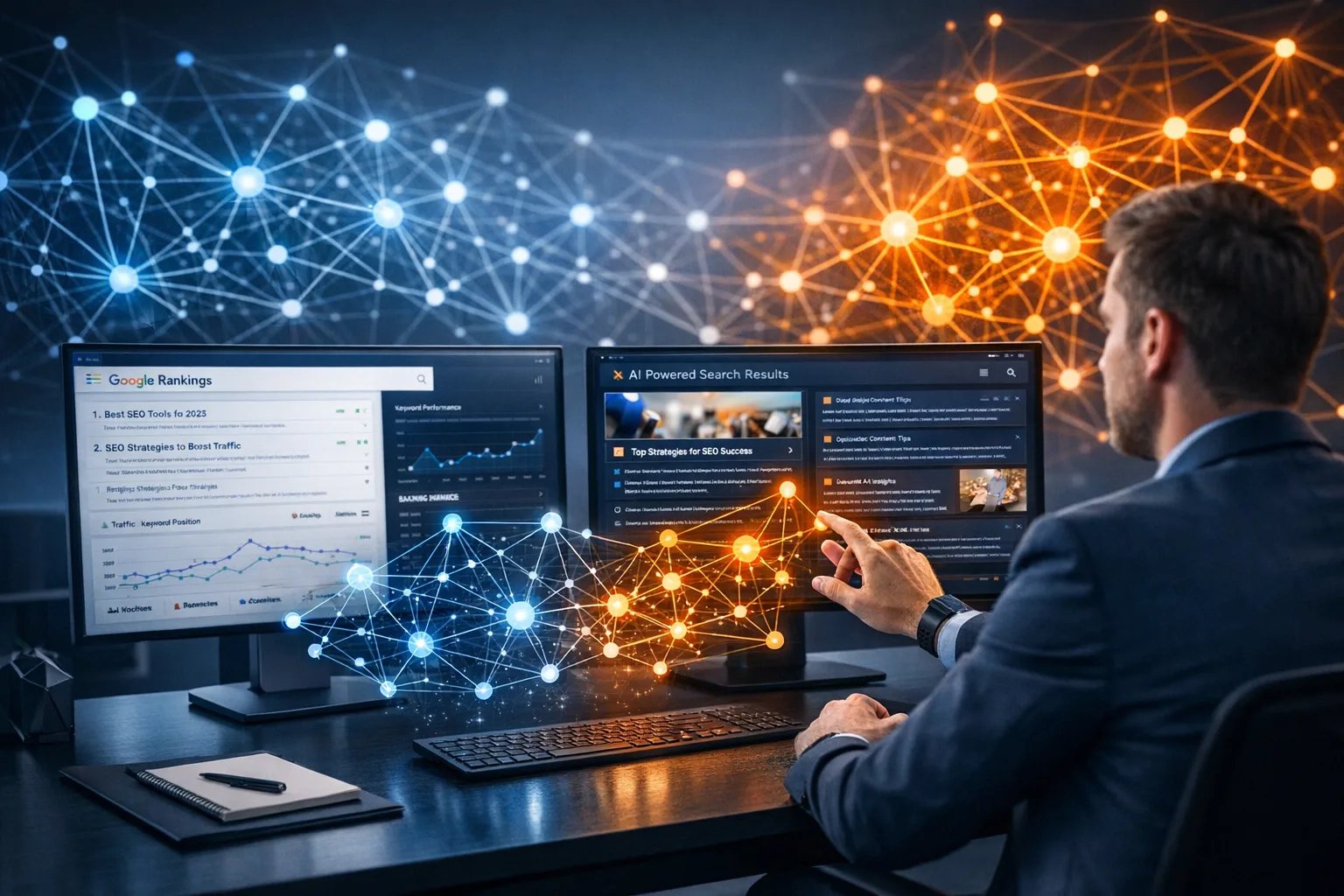 Professional digital marketing visualization: A modern tech-forward workspace with dual monitors displaying SEO analytics das